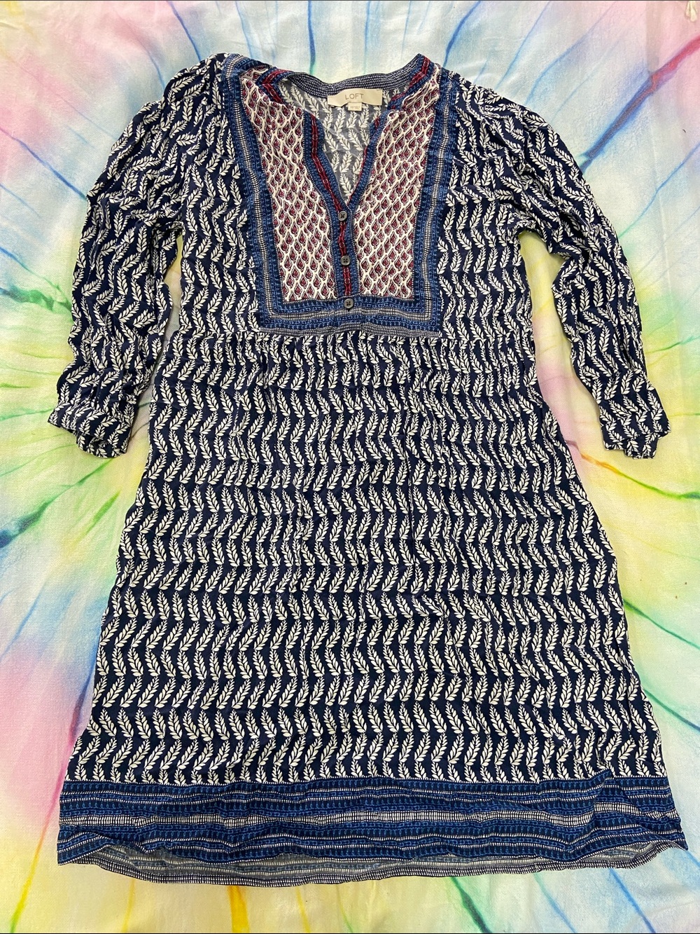 LOFT Navy and White Printed Boho Tunic with Printed Yoke
